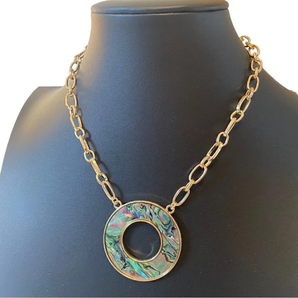 Open Circle Faux Abalone Gold Toned Pendant Necklace.